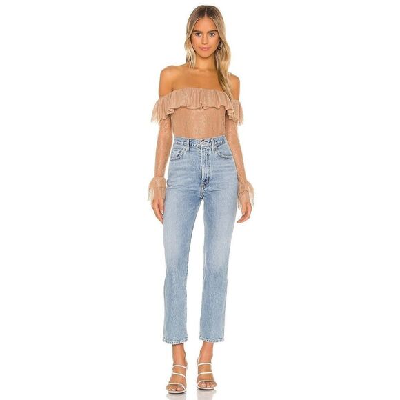 REVOLVE Camila Coelho Paloma lace tan nude off shoulder bodysuit size small - Picture 2 of 8